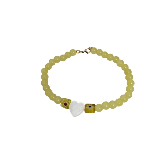 14k Gold Plated Yellow Beaded Heart Mother Of Pearl Bracelet - Picture 2 of 3